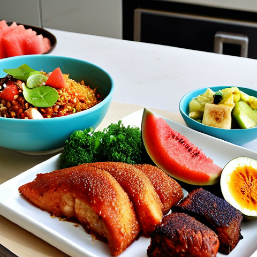 **

A vibrant, colourful spread of healthy Malaysian food: Nasi lemak with extra vegetables, grilled fish, a variety of colourful fruits like watermelon and papaya, and a glass of teh tarik kurang manis. The background is a bright, modern Malaysian kitchen. This image should evoke a feeling of well-being and the importance of a balanced diet.

**