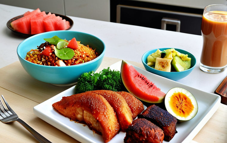 **

A vibrant, colourful spread of healthy Malaysian food: Nasi lemak with extra vegetables, grilled fish, a variety of colourful fruits like watermelon and papaya, and a glass of teh tarik kurang manis. The background is a bright, modern Malaysian kitchen. This image should evoke a feeling of well-being and the importance of a balanced diet.

**