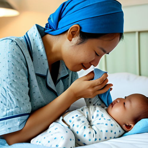 Caring for a Feverish Baby at Home**

"A caring Malaysian mother gently wiping her baby's forehead with a cool, damp cloth. The baby is comfortably dressed in light, cotton pajamas. The scene takes place in a modestly decorated bedroom with soft lighting. Focus on the mother's gentle expression and the baby's peaceful face. Safe for work, appropriate content, fully clothed, modest, family-friendly. Perfect anatomy, correct proportions, natural pose, well-formed hands, proper finger count, natural body proportions, high quality, professional photography."

**