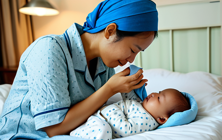 Caring for a Feverish Baby at Home**

"A caring Malaysian mother gently wiping her baby's forehead with a cool, damp cloth. The baby is comfortably dressed in light, cotton pajamas. The scene takes place in a modestly decorated bedroom with soft lighting. Focus on the mother's gentle expression and the baby's peaceful face. Safe for work, appropriate content, fully clothed, modest, family-friendly. Perfect anatomy, correct proportions, natural pose, well-formed hands, proper finger count, natural body proportions, high quality, professional photography."

**